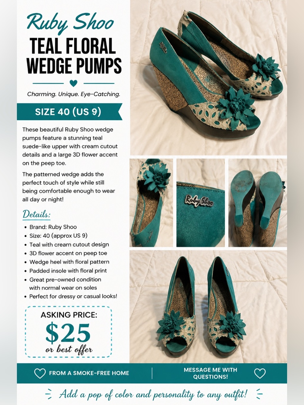 Teal Floral Wedge Pumps - Teal/Cream